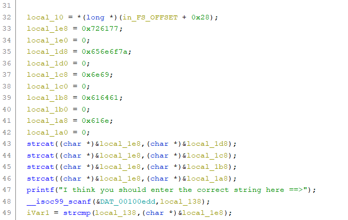 Ghidra screenshot for main function line 32-49